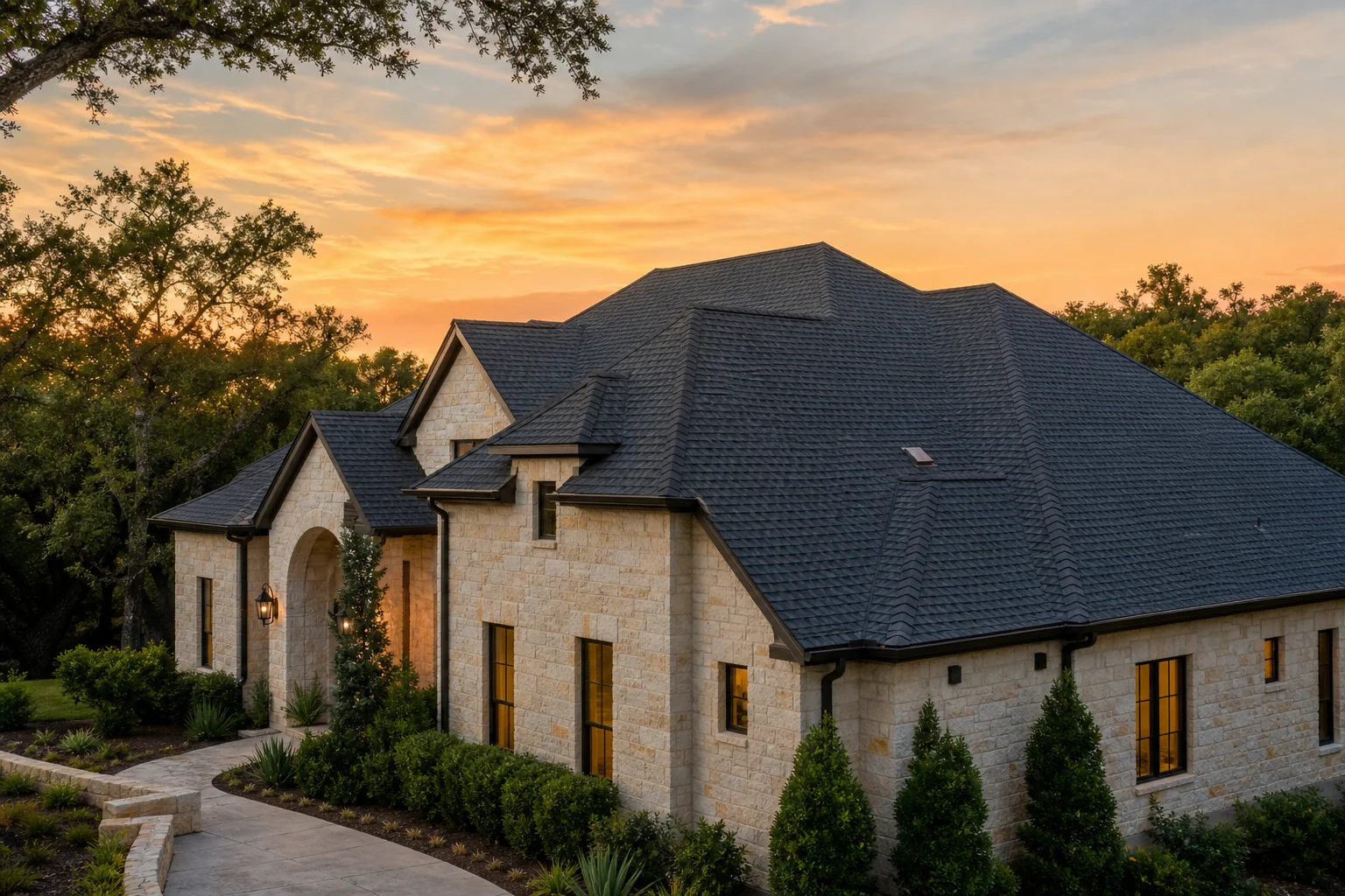 Aerial view of Austin neighborhood rooftops at sunset