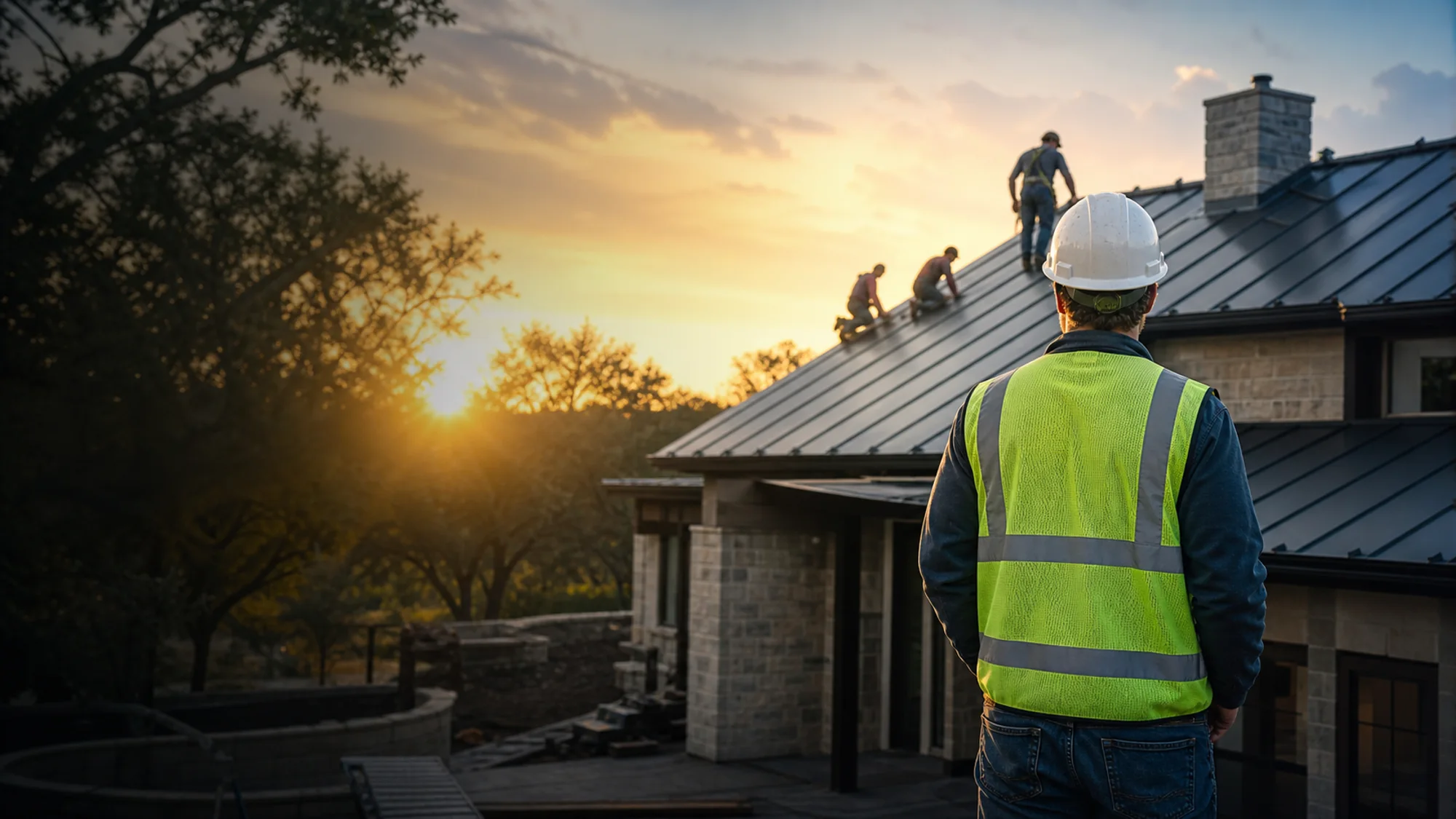 Roofing project lead overseeing a Central Texas home renovation at sunrise