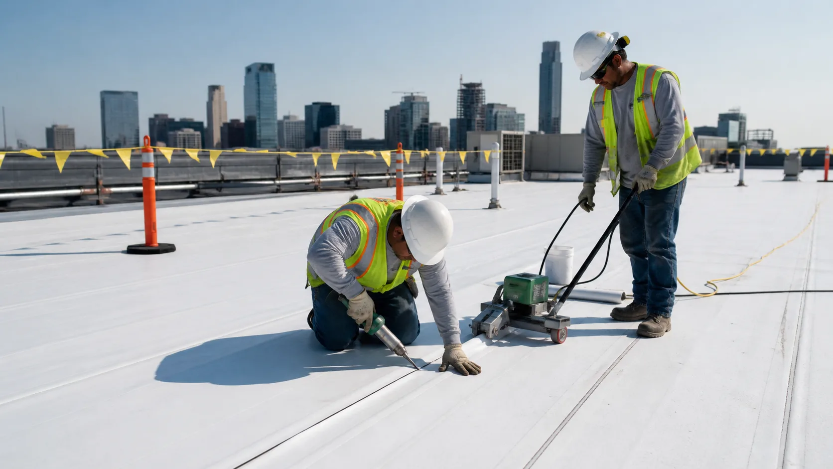 Commercial roofing crew working on a large low-slope roof