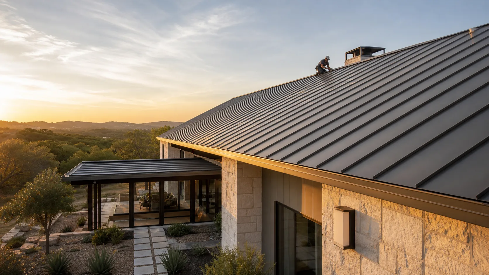 Standing seam metal roof on a refined Central Texas home