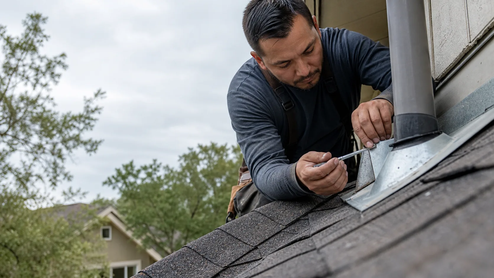 Technician completing a precise roof flashing repair