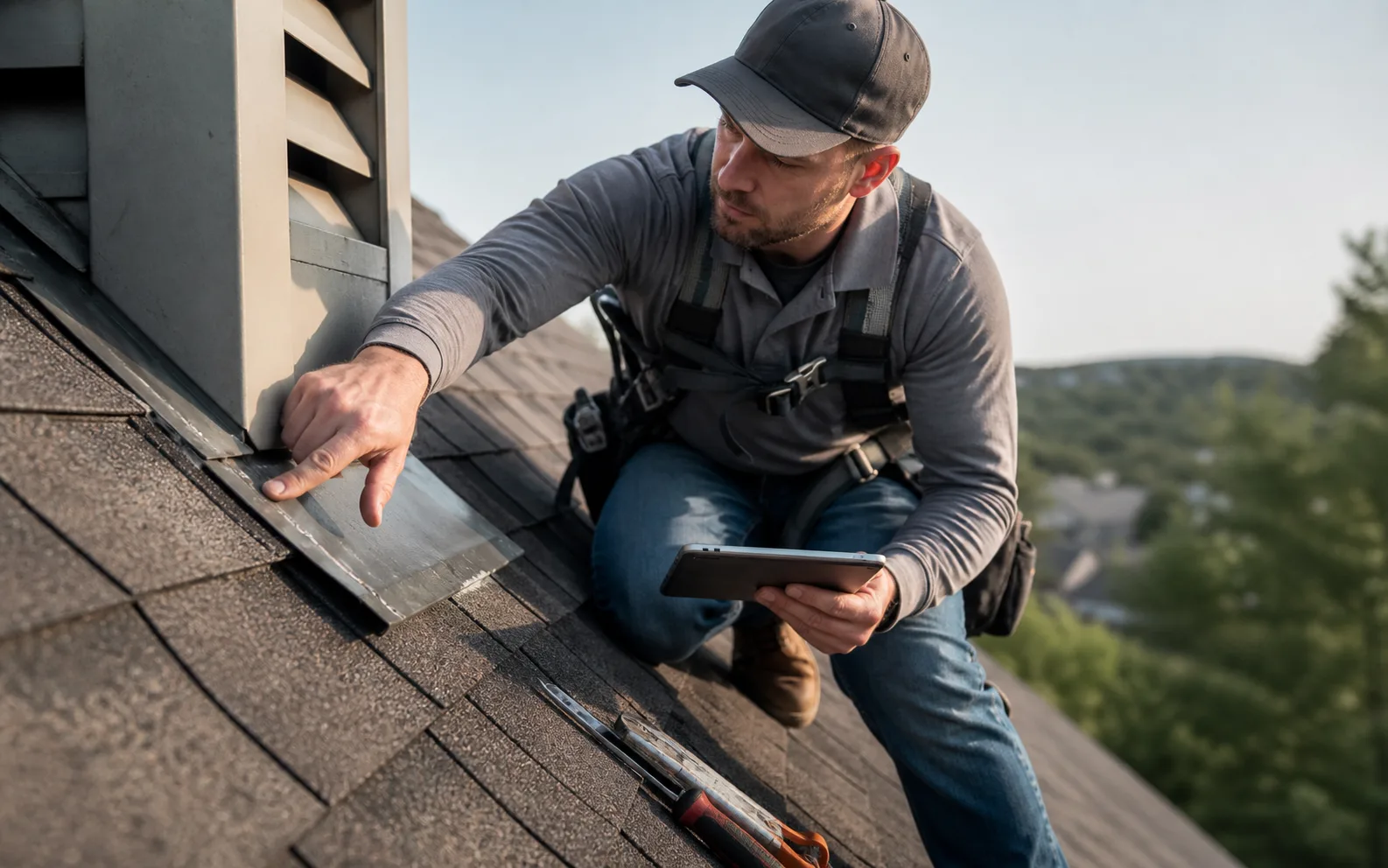 Technician tracing a residential roof leak at a flashing detail