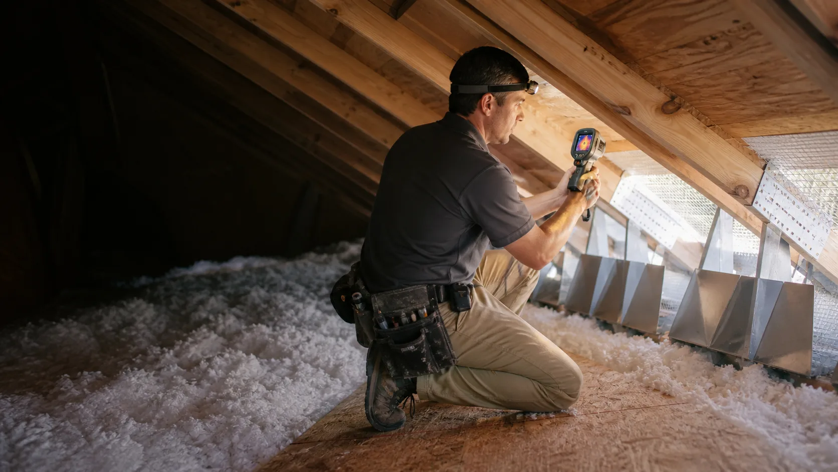 Roofing professional inspecting attic ventilation with diagnostic equipment