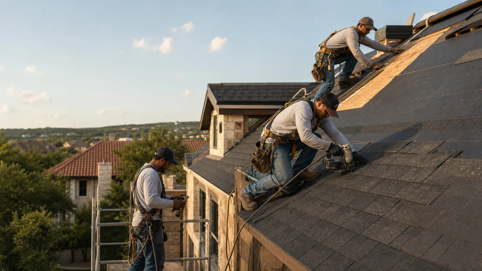 Impact roofing crew installing architectural shingles on a Central Texas home