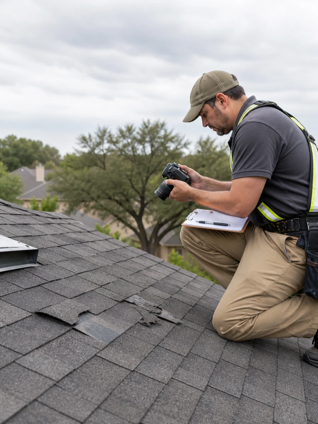Roofing professional documenting damage for an insurance claim