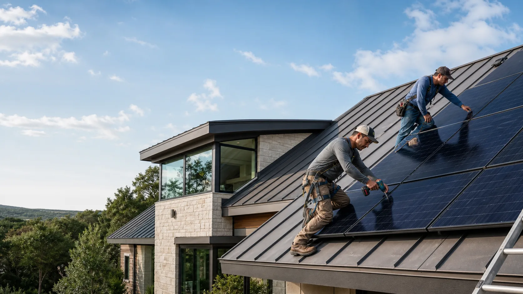 Solar and roofing crews coordinating a Central Texas roof installation