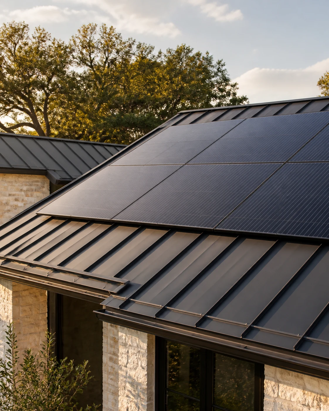 Close view of solar panels integrated with a new roof