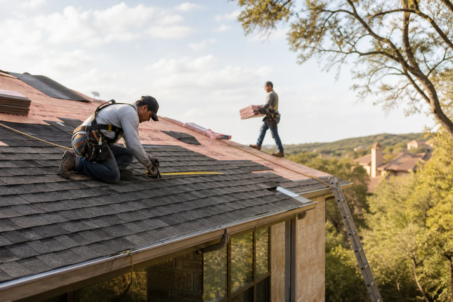 Equipo instalando tejas en un techo residencial de Texas