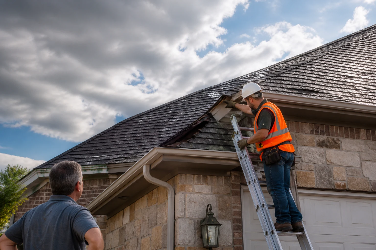 Roofing professional documenting storm damage for an insurance claim
