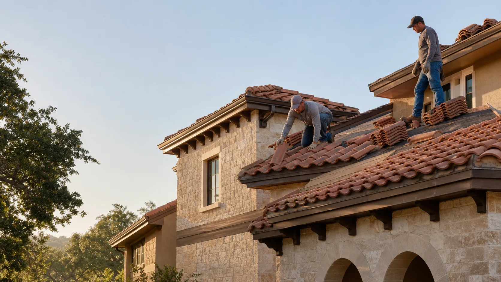 Clay tile roof installation on a Spanish-influenced Central Texas home