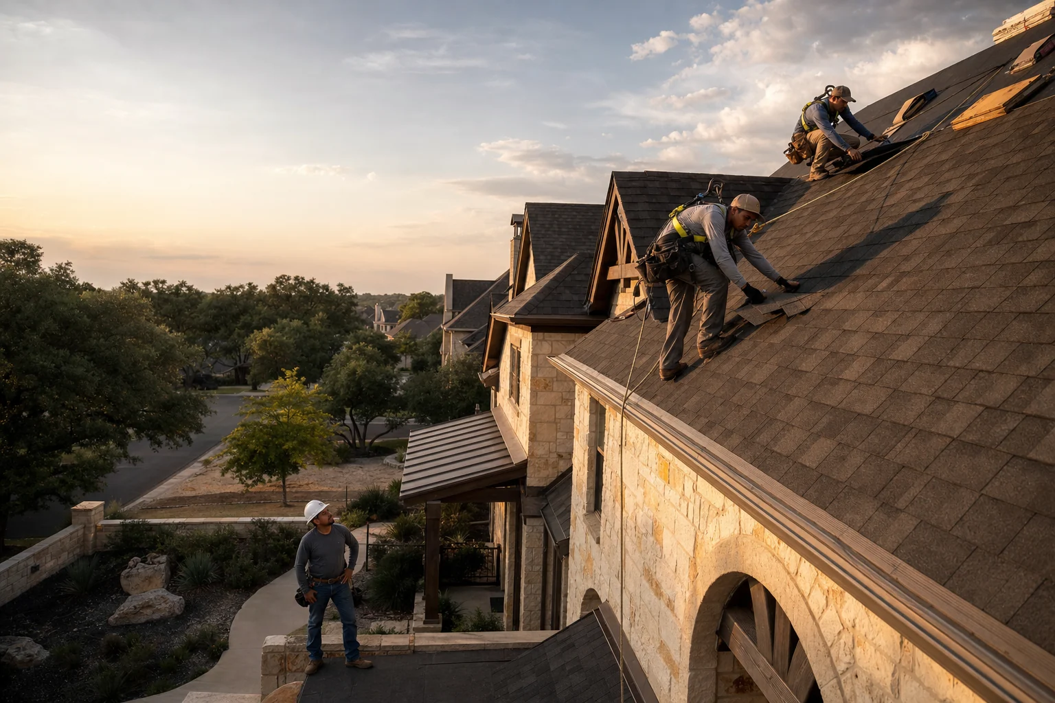 Impact roofing crew installing a roof in warm Texas light