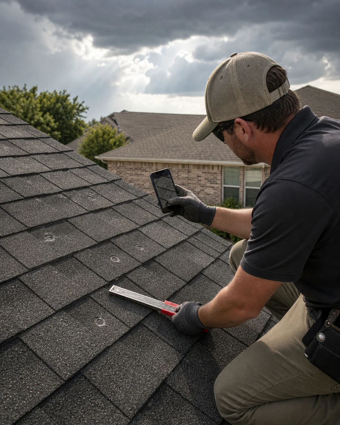 Roofing professional documenting storm damage for an insurance claim