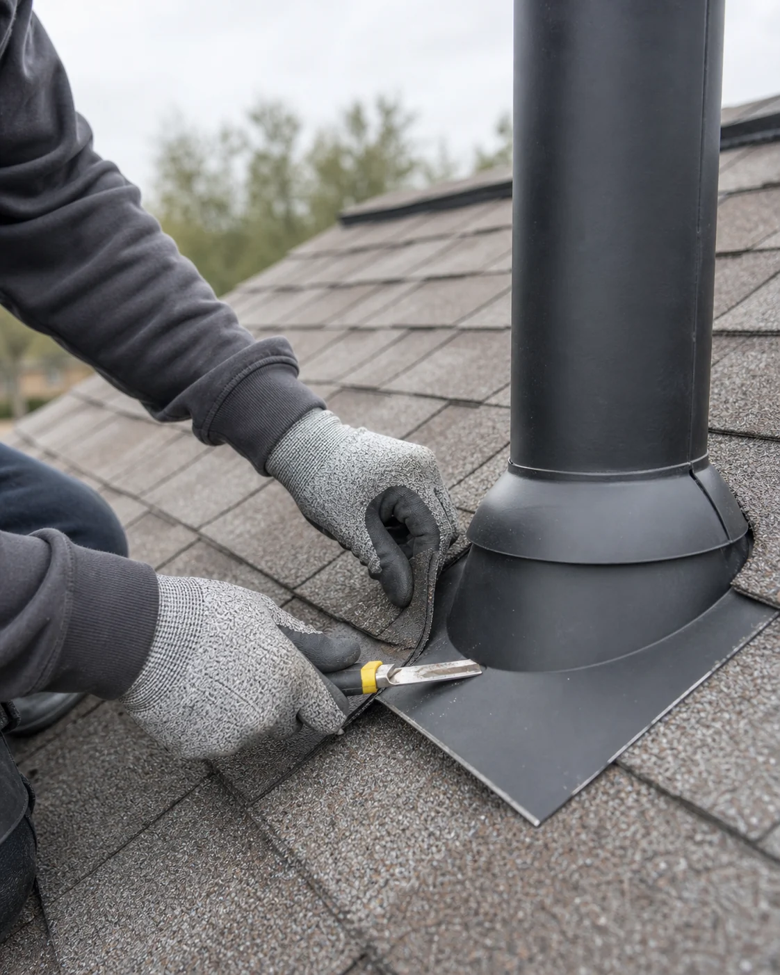 Technician repairing a roof detail