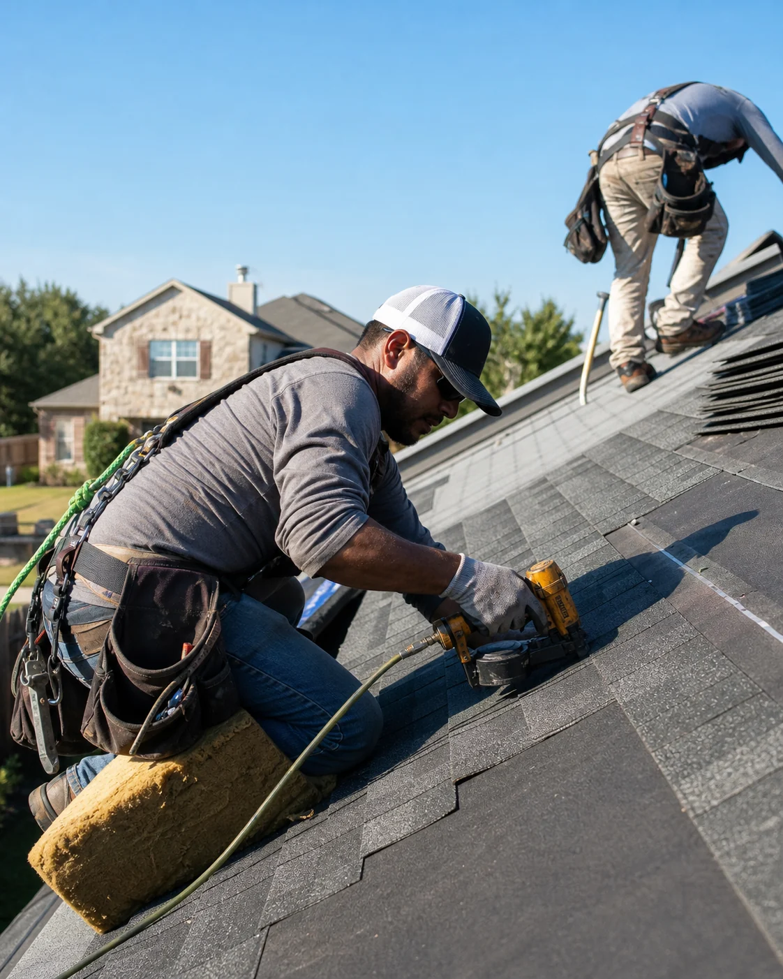 Roofing crew installing architectural shingles on a Texas home
