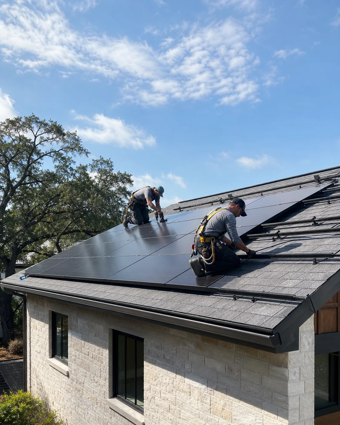 Solar installation team working on a residential roof