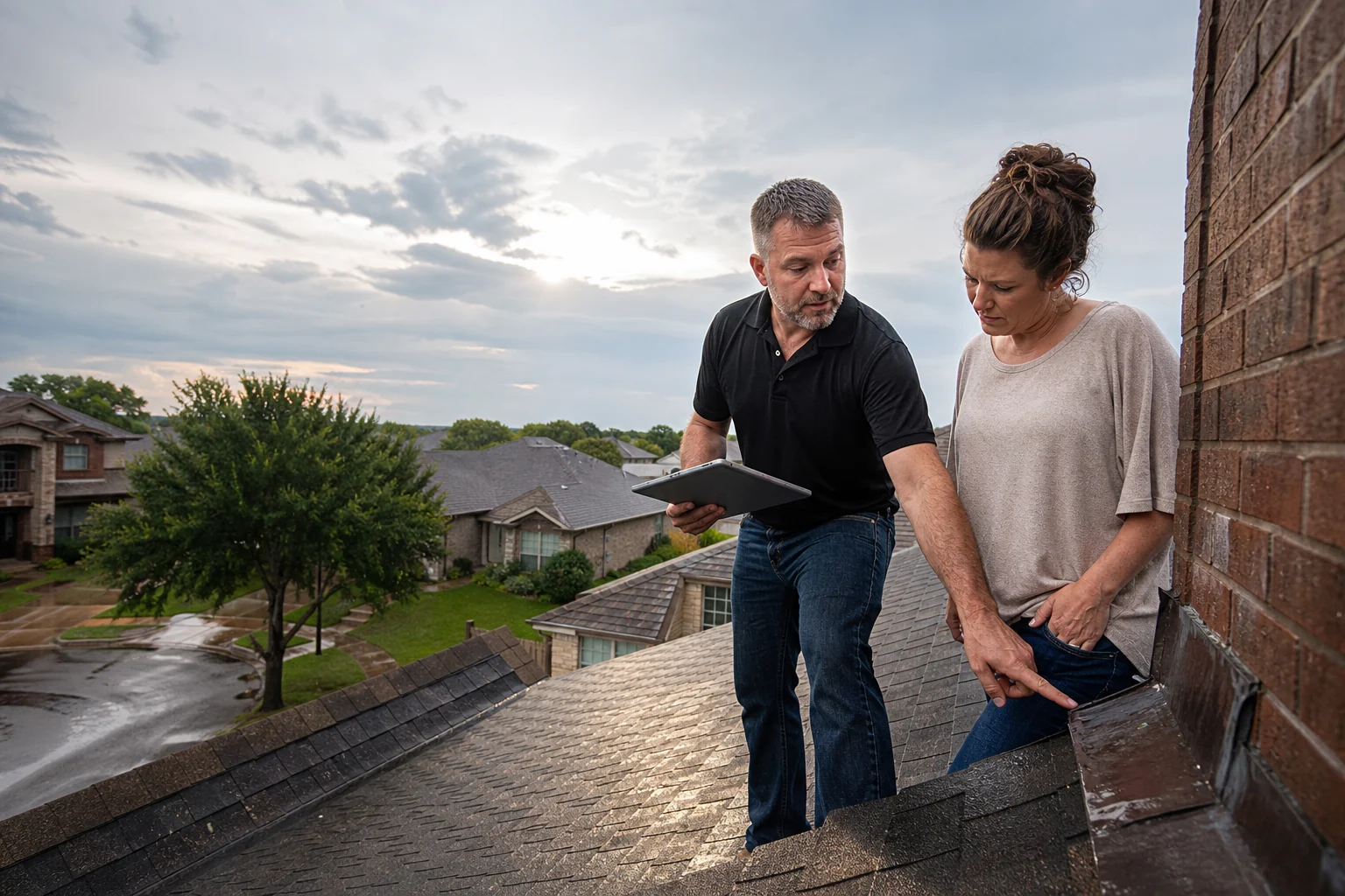 Roofing technician documenting storm damage
